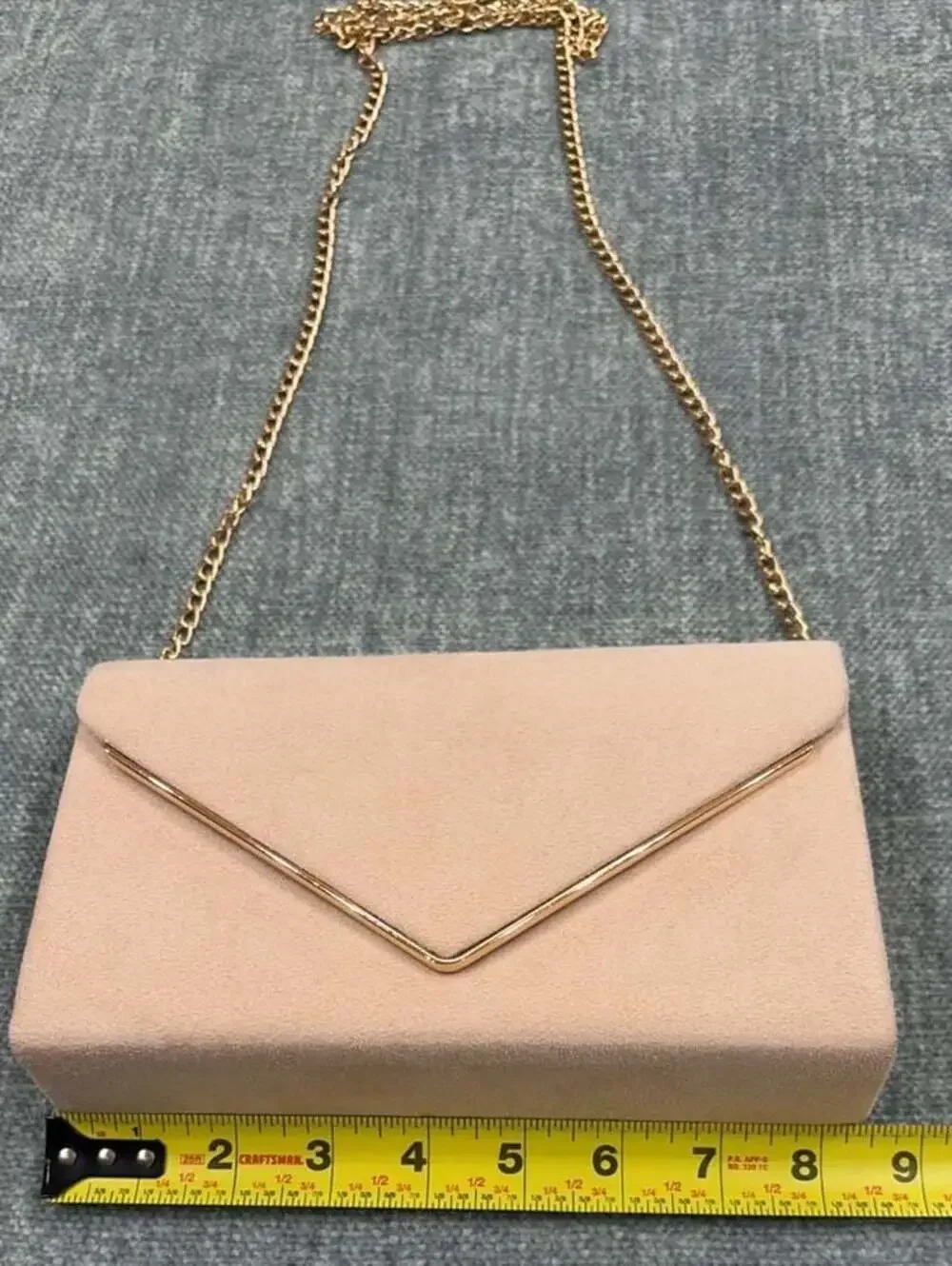Blush Pink Faux Suede Envelope Clutch with Gold Tone Chain